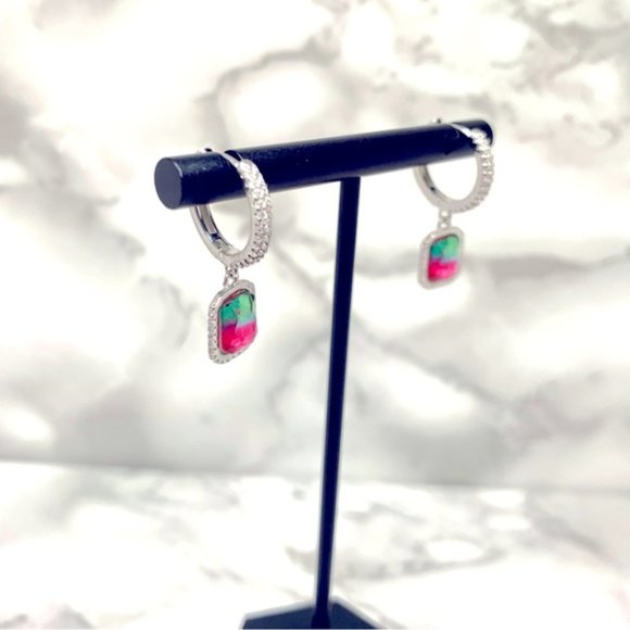 925 Sterling Silver Watermelon Ombre Cubic Zirconia Hoop Earrings - Picture 5 of 6